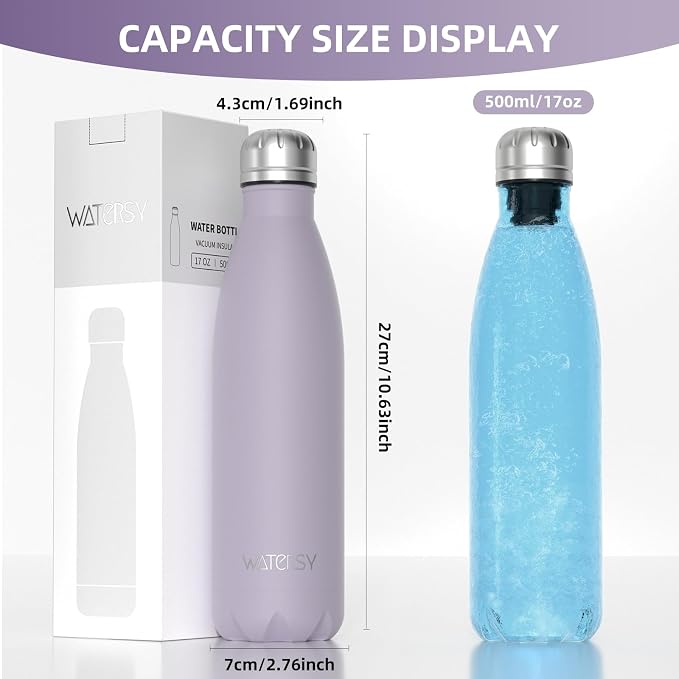 WATERSY Stainless Steel water bottles,17oz/500ml Insulated Water Bottle | Purple metal water bottle Keeps Drink Cold and Hot,BPA Free kids water bottles for School,Gym,Travel,Sports