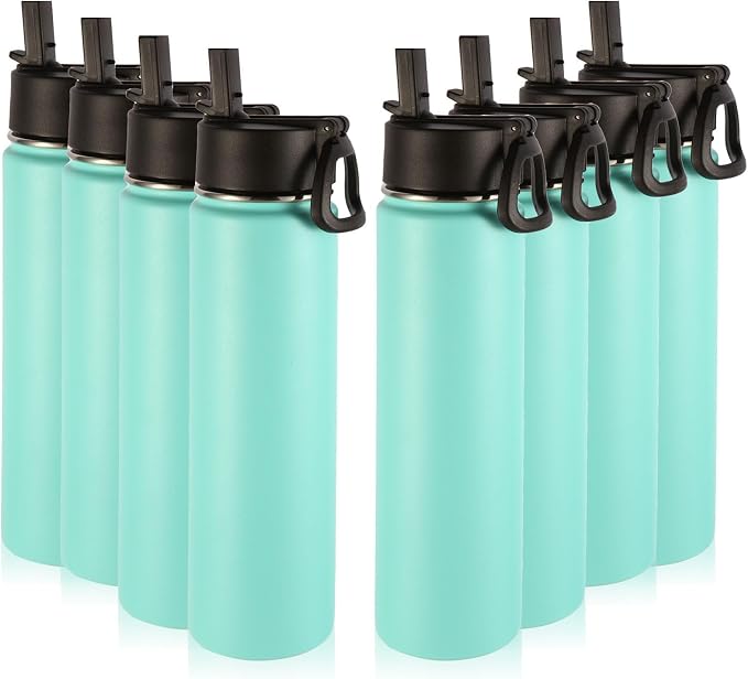 Volhoply 24oz Insulated Water Bottle with Straw Bulk 8 Pack,Metal Wide Mouth Water Bottles with Handle Lid Keep Cold,Reusable Double Wall Cups,Powder Coated Sport Bottle For Holder(Mint,8 Count)
