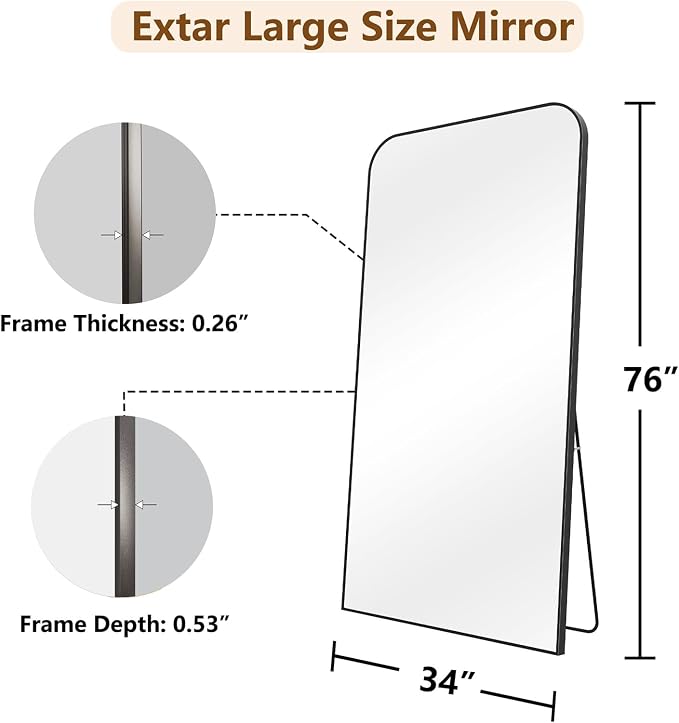 Koonmi Full Length Mirror, 76"x34" Mirror Full Length with Stand | Domed Top Square-Edged ShatterProof Floor Mirror with Black Aluminum Alloy Frame for Bedroom Living Room Home Gym