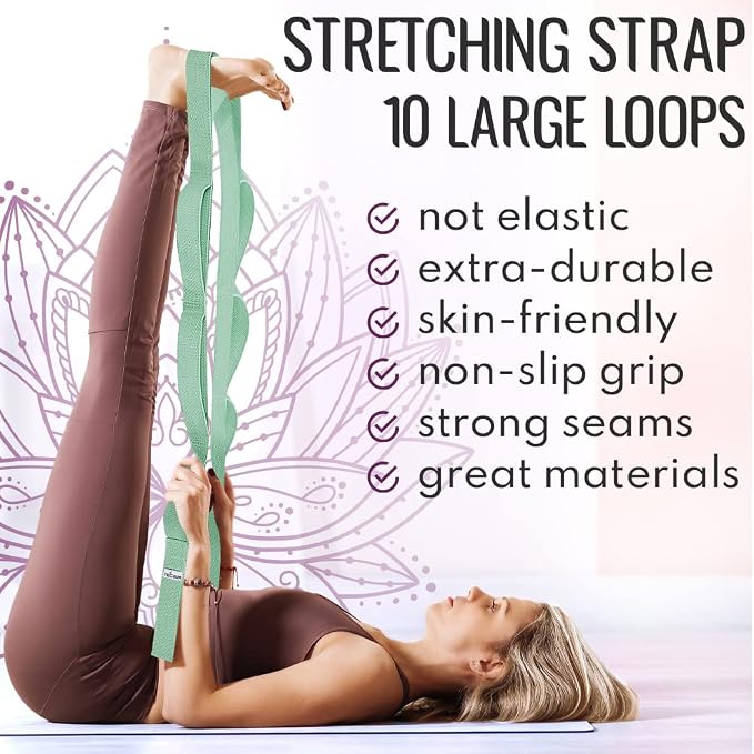 TECEUM Stretching Strap with 10 Loops for Physical Therapy & Rehab | Non-Elastic Yoga Stretch Band for Hamstring, Leg, Hip & Knee Rehab, Pilates, Flexibility & Mobility Exercises for Men & Women
