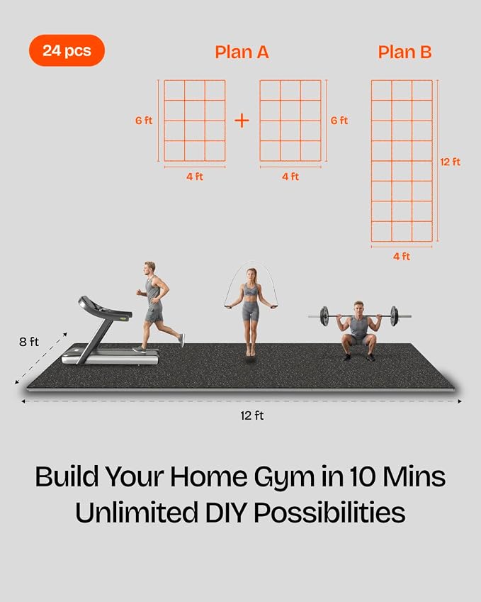 0.6" Thick 96 Sq Ft Rubber Top Gym Flooring Mats for Home Gym | Dual-layer Rubber & HD EVA, NO Warping, 24 Tiles, Supports Heavy Weight, Noise Reduction, Ideal For Crossfit & Dumbbells
