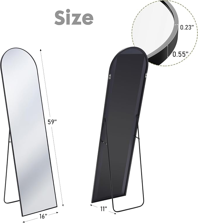 DUMOS 59"x16" Arched Full Length Floor Mirror, Full Body Standing Mirror with Aluminum Frame, Shatter-Proof Nano Glass for Modern Simple Home Decor, Hanging or Leaning, Black