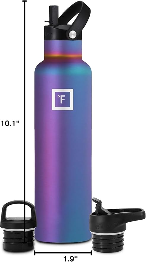 IRON °FLASK 24 oz Narrow Mouth Water Bottle with 3 Lids | Insulated Stainless Steel Sports Water Bottle with 3 Leakproof Lids - BPA Free, Cold 24 Hrs, Sweat Free (Aurora)