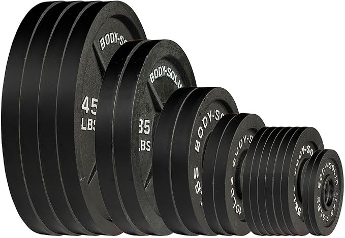 Body-Solid Cast Iron Olympic Weight Plate Set, Free Weights Dumbbell Plates with 2 Inch Standard Hole for All Olympic Barbell Types