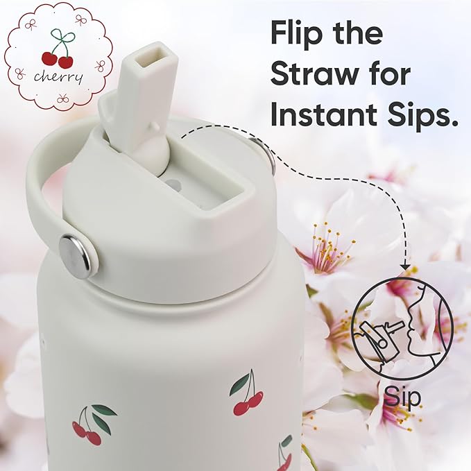 32 oz Insulated Water Bottle with Straw, Leak Proof Water Bottle Stainless Steel with Flip Straw and Handle, Metal, Reusable, Wide Mouth, for Travel, Gym and School (Cream Cherry)