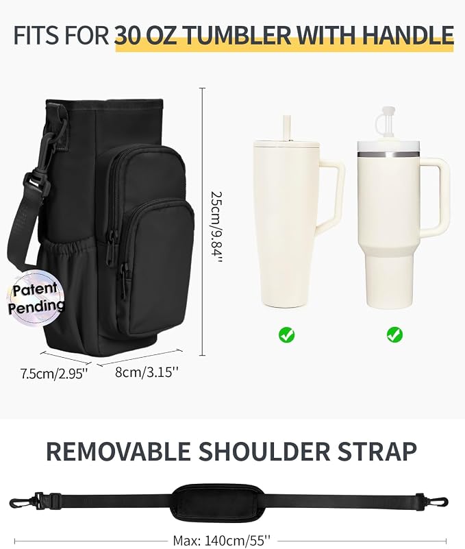 sportsnew 30/40oz Crossbody Water Bottle Holder Anti-Tip Tumbler Carrier | Lightweight Bottle Sling Fits Handled Tumbler w/ Phone Pocket, Adjustable Strap, Insulated Lining, Hands-free for Hiking Gym