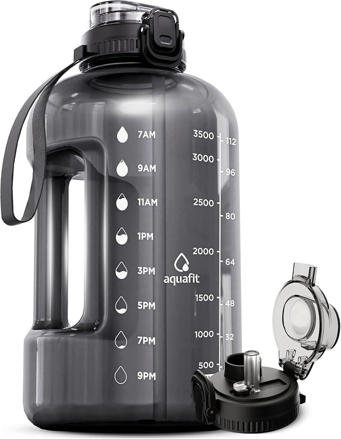 AQUAFIT 1 Gallon Water Bottle with Time Marker, 2in1 Lid | BPA Free 128 oz Water Bottle with 2in1 Straw and Chug Lid - Leakproof Gym Water Bottle with Carry Handle (Gray)