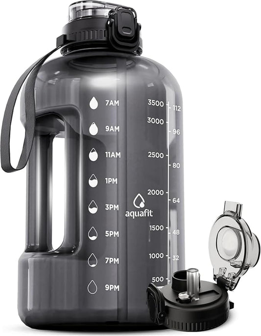 AQUAFIT 1 Gallon Water Bottle with Time Marker, 2in1 Lid | BPA Free 128 oz Water Bottle with 2in1 Straw and Chug Lid - Leakproof Gym Water Bottle with Carry Handle (Gray)