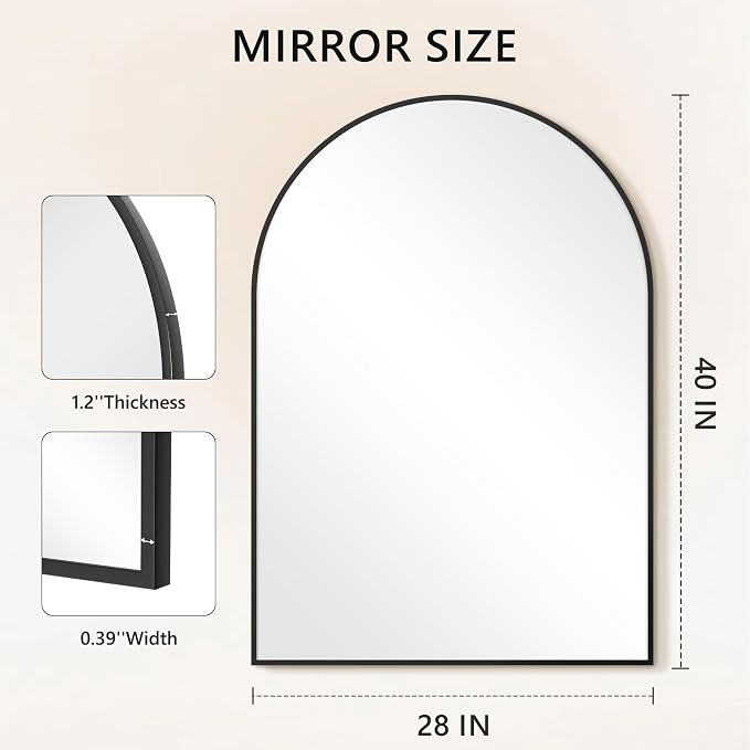 Arched Bathroom Mirror for Wall, 40" x 28" Metal Frame Vanity Mirror, Black | Aluminium Alloy Frame, HD Shatterproof Glass, for Bathroom Over Sink , Entryway, Bedroom, Living Room