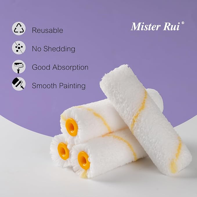 Mister Rui 10 Pieces 4-Inch Small Paint Roller Covers Microfiber Rollers | Mini Microfiber Paint Roller Refills for Painting Walls, Cabinets, Trim, Use with All Paints and Stains, Reusable, 9mm Nap
