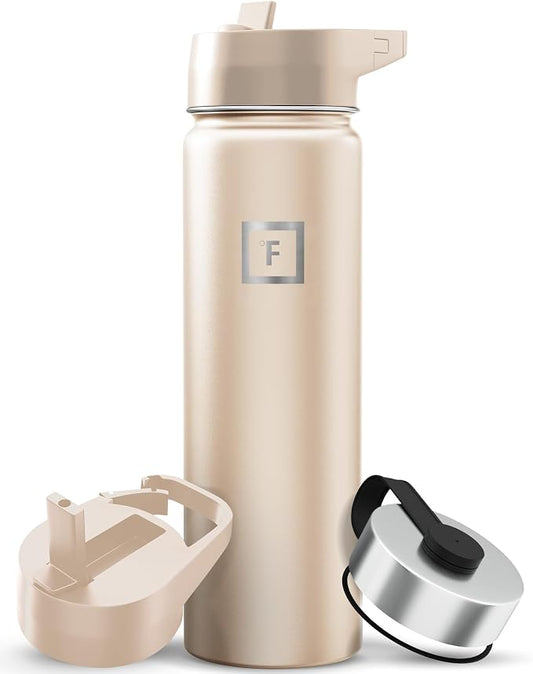 IRON °FLASK 22 oz Wide Mouth Water Bottle with 3 Lids | Insulated Stainless Steel Sports Water Bottle with 3 Leakproof Lids - BPA Free, Cold 24 Hrs, Sweat Free (Sand)