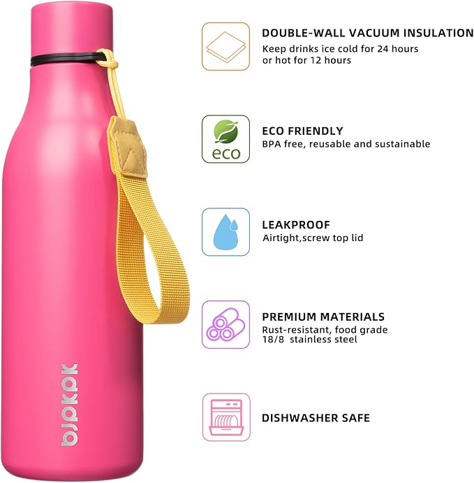 BJPKPK 18oz Insulated Water Bottle, Stainless Steel Bottle with Carry Strap | Keep Cold & Hot Vacuum Insulation, Leak-Proof BPA-Free Design, Slim Bottle Fits Most Cup Holders for Gym, Office & Travel