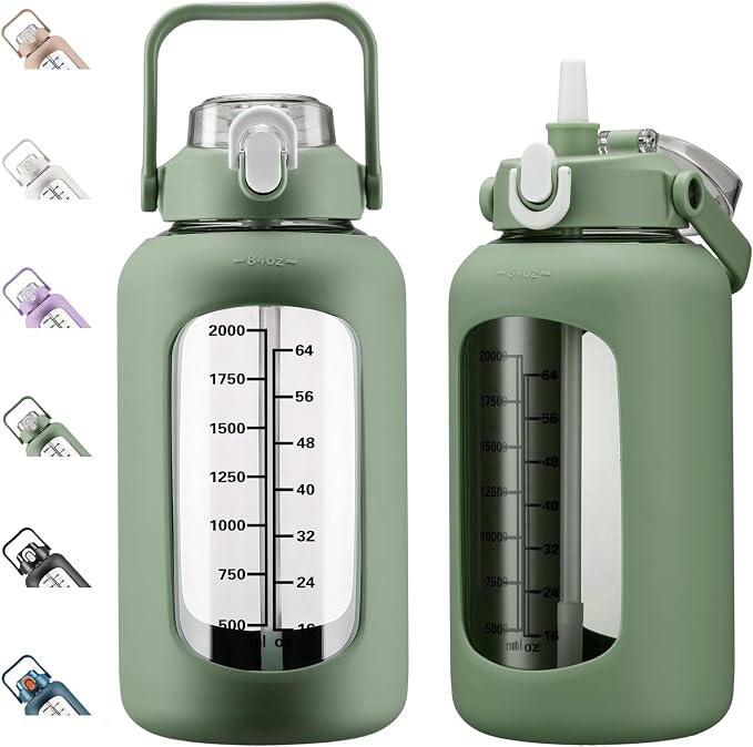 84oz Glass Water Bottle with Straw, 2.5 Liter Large Water Bottle with Silicone Sleeve and OZ Marker, Wide Mouth Gallon Glass Bottle with 2-in-1 Lid, Leakproof Water Jug for Gym Home, Olive