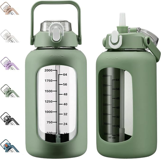 84oz Glass Water Bottle with Straw, 2.5 Liter Large Water Bottle with Silicone Sleeve and OZ Marker, Wide Mouth Gallon Glass Bottle with 2-in-1 Lid, Leakproof Water Jug for Gym Home, Olive