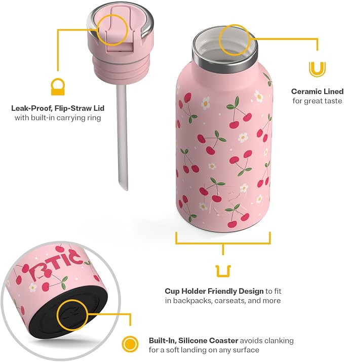 RTIC Little Journey Water Bottle with Straw, Ceramic-Lined, Insulated, Stainless Steel, Metal, Double Wall Vacuum-Insulation, Leak-Proof Lid, BPA-Free Water Flask for Sports, Travel, Sweet Cherries