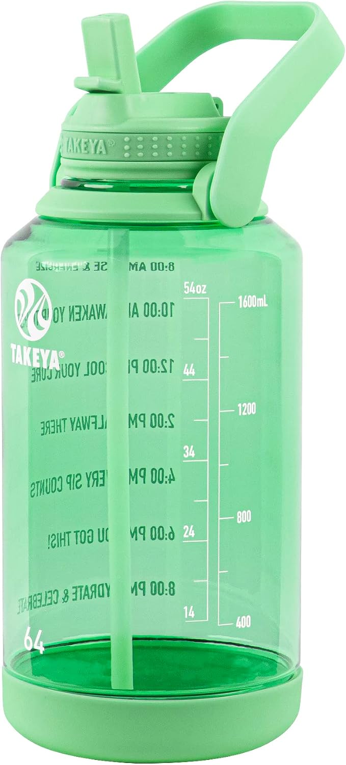 Takeya Motivational Water Bottle with Straw Lid and Time Marker (64 oz, Pistachio Green) - Leakproof, BPA Free Water Bottle for Daily Intake Tracking