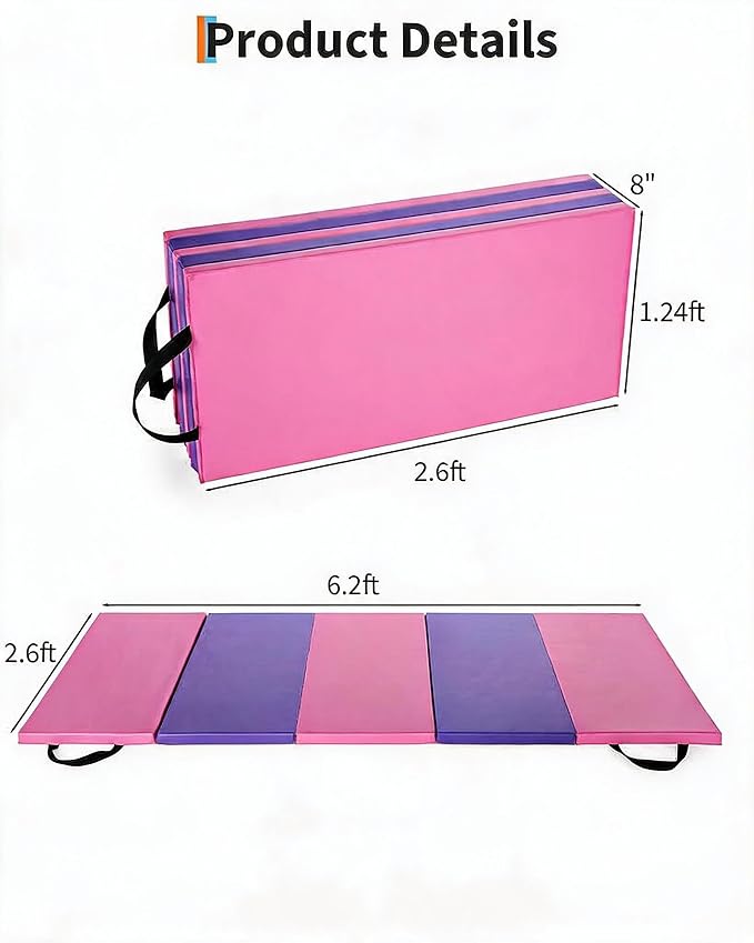 Garvee Gymnastics Mat, 6.2Ft 2-Inch Thick 4-Fold | Exercise Floor Mat for Home Gym, Portable Yoga Mat for Pilates, Aerobics, Martial Arts & Training