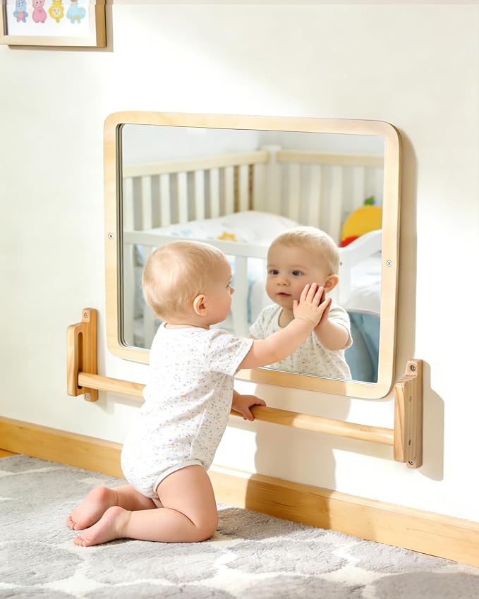 Montessori Mirror with Bar – Adjustable Baby Pull Up Bar, Anti-Rotation Design & Acrylic Safety Baby Mirror for Wall – Tummy Time, Pull to Stand Toys for Infant Toddler Nursery