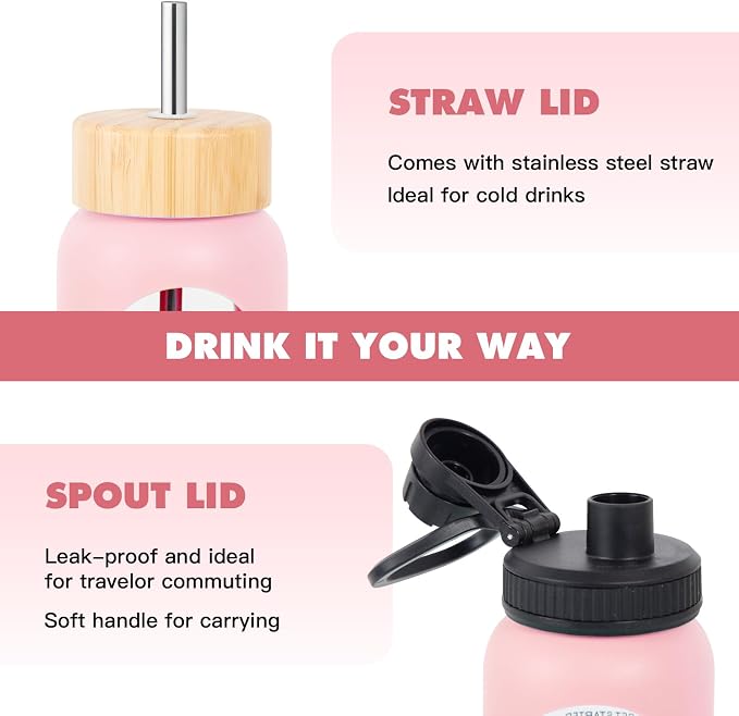 32oz Glass Water Bottle with Time Marker, 2 Lids-Handle Spout Lid & Bamboo Straw Lid, 1 Liter Motivational Borosilicate Water Bottle for Gym, Office, Travel (Pink)