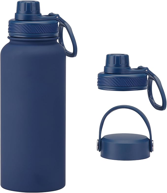 32 oz Insulated Metal Mens Water Bottle | Navy,Stainless Steel, 1 Liter, Leakproof, 2 Lids, Large Sports Water Bottle for Gym,Hiking