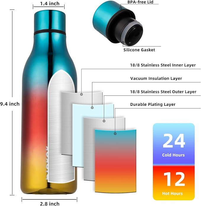 BJPKPK 18oz Insulated Water Bottle, Stainless Steel Bottle with Carry Strap | Keep Cold & Hot Vacuum Insulation, Leak-Proof BPA-Free Design, Slim Bottle Fits Most Cup Holders for Gym, Office & Travel