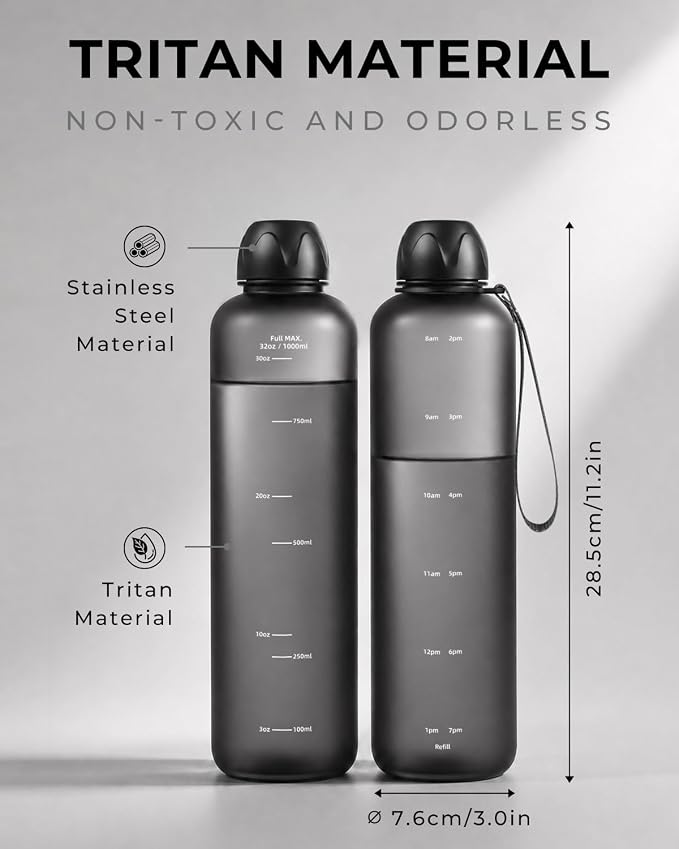 Slim Water Bottle 32 OZ with Stainless Steel Lid, Dishwasher Safe 1 Liter Plastic Water Bottle BPA-Free, Leakproof Lightweight with Time Marker, Reusable for Running School Sport Gym Travel Hiking