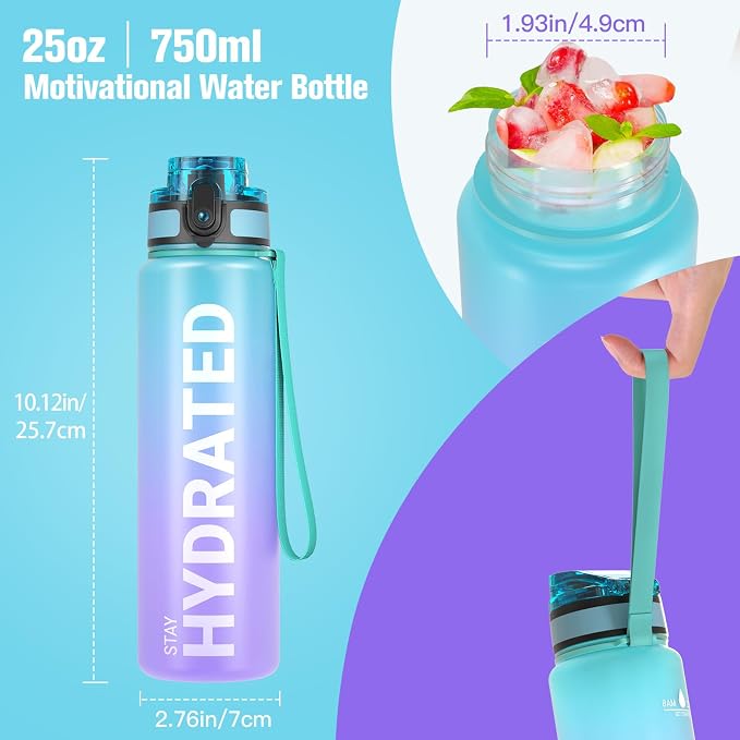 Sahara Sailor Water Bottle 25oz, Tritan Sports Bottle with Time Marker | Bpa Free, Leakproof Wide Mouth With Fast Flow Lid And Cleaning Brush, For Gym School Office Travel, 1 Count
