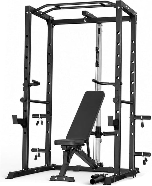 5-in-1 Power Rack Heavy Duty Home Gym | 5 Configs: Only, +Pulley, +Bench, +150LB, +240LB. 1200LB, 50x50mm, 83"H. J-Hooks, Safety Bars, Landmine. Olympic 2" Plates.