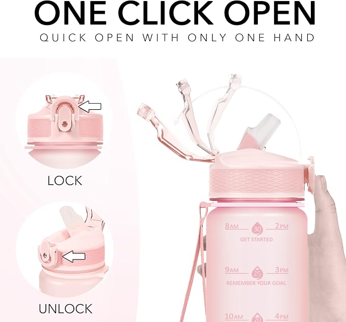 Hyeta Plastic Water Bottle With Straw & Time Marker, 32oz Leakproof Jug | Motivational Tritan BPA Free Gym Office Outdoor Intake Tracker Hourly Reminder Straw Lid Lightweight