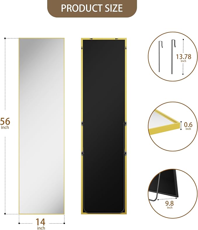 Antok Full Length Mirror, 56"x15" Floor Mirror with Stand, Hanging Mounted Mirrors for Bedroom, Living Room, Cloakroom, Dining Room, Gold, Rect