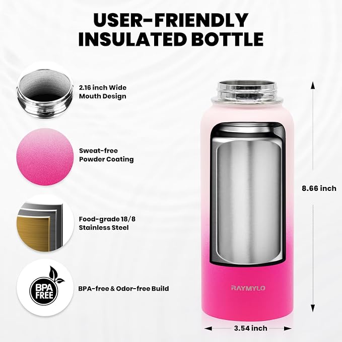 RAYMYLO Insulated Water Bottle 32 oz, Triple Wall Vacuum Stainless Steel | (Cold for 24Hrs, Hot for 12Hrs), Leak Proof & Non-BPA, Modern Water Flask Jug with Paracord Handle & Straw Spout Lids