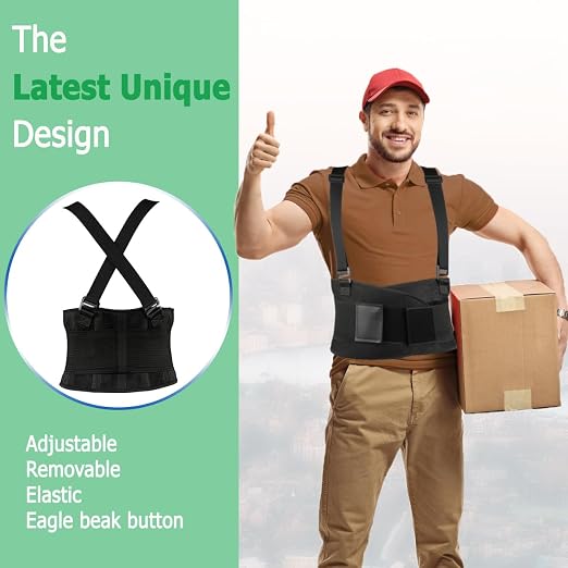 Work Back Brace - Back Support Belt for Lower Back Pain Relief, Heavy Lifting, Herniated Discs - Industrial Back Brace for Work With Shoulder Straps Fits Men and Women XL/2XL(37"-45")