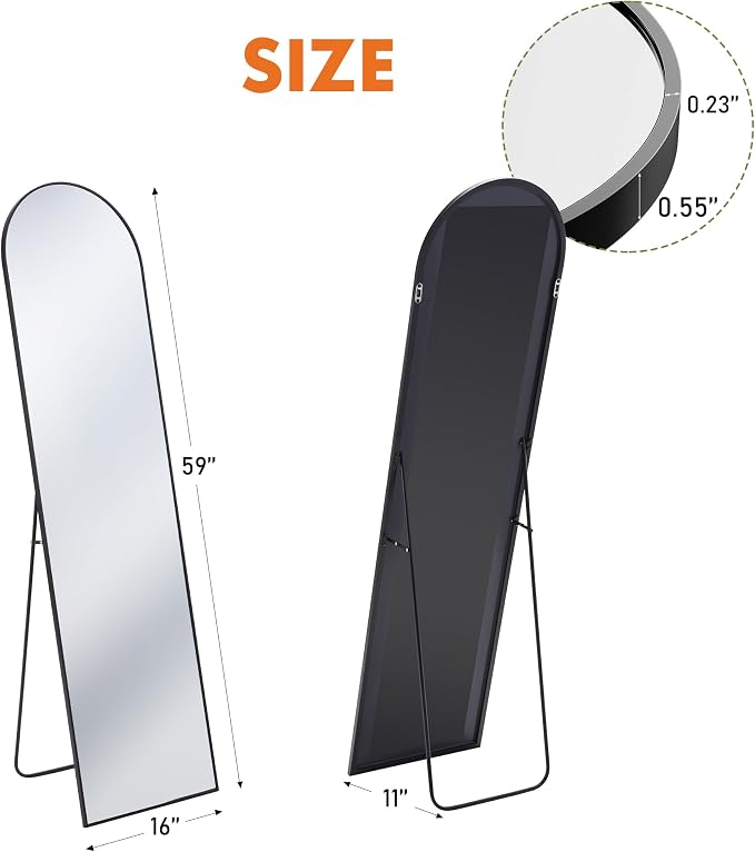 OLIXIS Arched Full Length Mirror with Stand, 60"x16" Full Body Mirror | Aluminum Alloy Thin Frame, Floor Hanging or Leaning Wall, Bedroom Living Room, Black