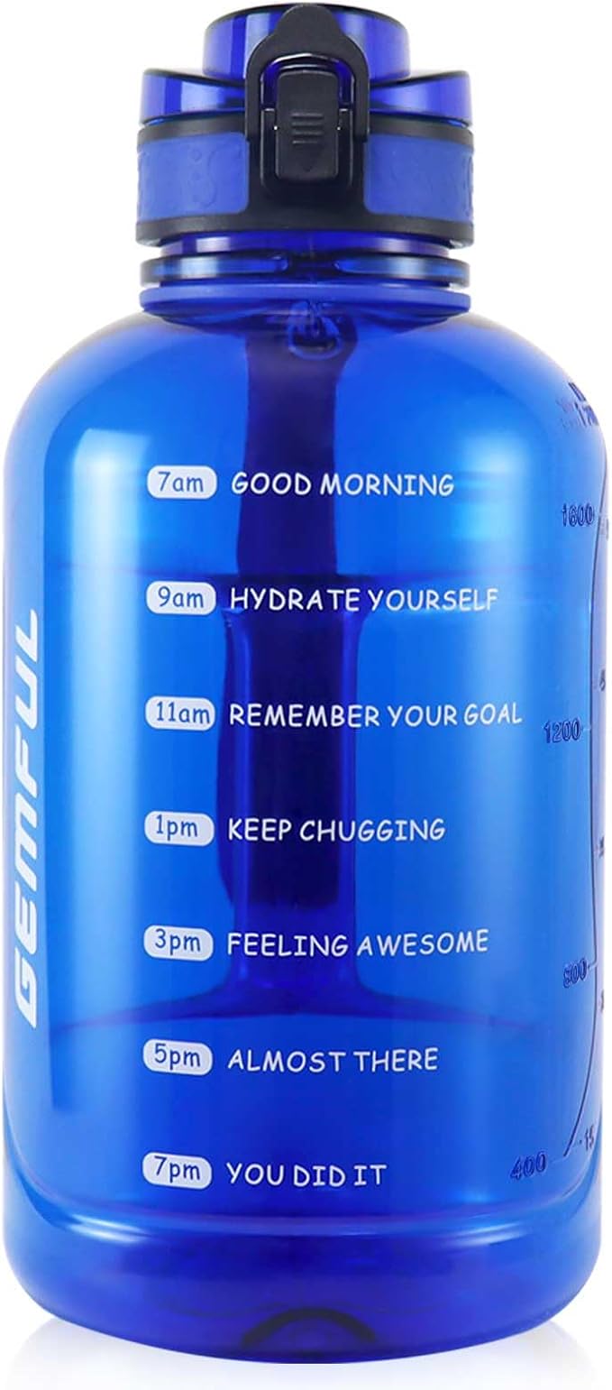GEMFUL 2L Water Bottle with Handle 64oz Large Jug Leak-Proof (Royal Blue) | BPA-Free, 64oz Capacity, Time Marker, Chug Lid, for Gym, Fitness, Hiking, Sport, Camping, Office, Home, Wide Mouth