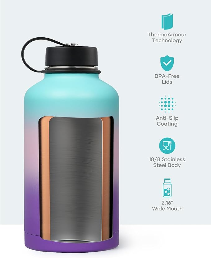 BUZIO 64 oz Insulated Stainless Steel Water Bottle with Dust-proof Lids | Half Gallon Water Jug (Dishwasher Safe), Cold for 48 Hrs, Triple Wall with Copper Plating, for Gym, Hiking, Camping, Black