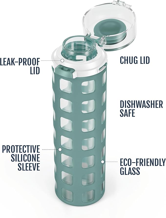 Ello Syndicate 20oz Glass Water Bottle with Flip Lid and Sleeve, Alligator | Glass water bottle for iced drinks with leakproof flip lid, silicone sleeve, carry loop, BPA-free, and dishwasher safe