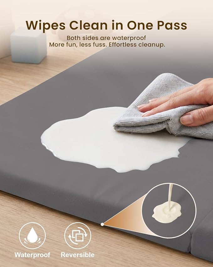 SEPARO Foldable Baby Play Mat,Vegan Leather 47x47 Baby Mat for Floor,Grey | Trifold Waterproof Playmat for Babies,Soft Foam Tumbling Mat,Wipe-Clean&Non-Slip Outdoor Mats,Playmate for Baby Tummy Time