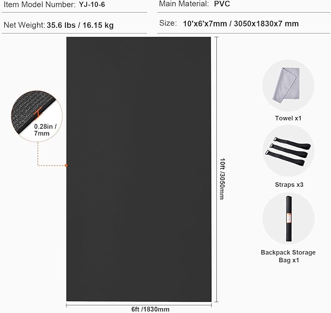 VEVOR Large Exercise Mat, 12'x6'/10'x6'/9'x6'/8'x6'/8'x5'/7'x5'/6'x4' (7mm) Extra Thick, Non Slip High Density Premium Workout Mat, Exercise Yoga Mat for Men & Women, Fitness & Exercise Mat with Bag & Carry Strap, for All Types of Home Yoga, Pilate & F...