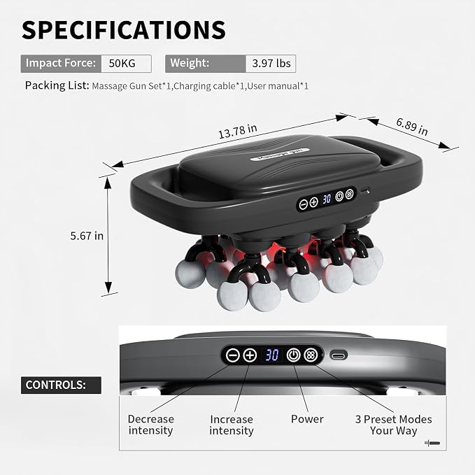 20-Head Massage Gun, 30 Intensity Levels 3 Modes, Deep Tissue Massager with 50KG Force & Noise-Free Motor for Neck Back Legs Shoulders, Portable for Full Body Muscle Recovery