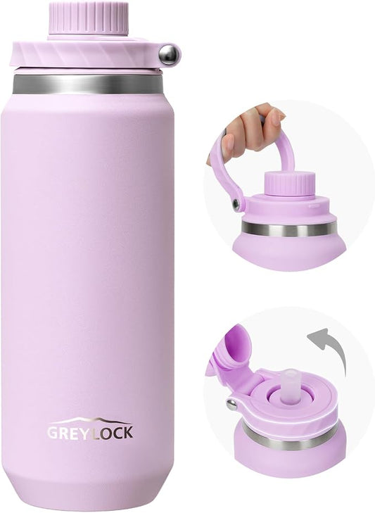 Greylock 20 oz Insulated Water Bottle with Straw Lid, Reusable Stainless Steel Sports Water Bottles with Foldable Handle, Leak Proof, Double-Wall Vacuum Insulation, 24 Hours Cold (Lilac)