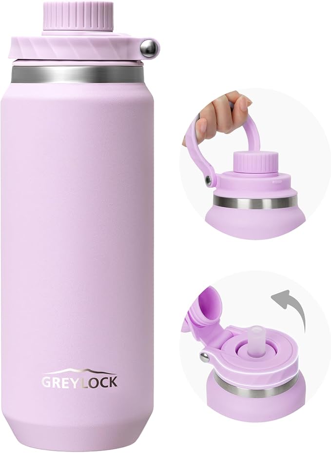 GREYLOCK 32 oz Insulated Water Bottle with Straw Lid, Leakproof Reusable Stainless Steel Vacuum Flask, 24hr Cold & Hot, Carry Handle & Silicone Spout, BPA-Free for Gym, Hiking, Travel, Purple