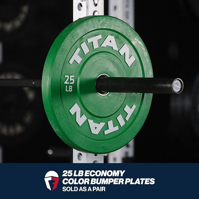 Titan Fitness Economy Olympic Bumper Plates, Color-Coded by IWF Standards, Low Bounce Rubber with Steel Insert, Weightlifting and Strength Training, Barbell Weight Set