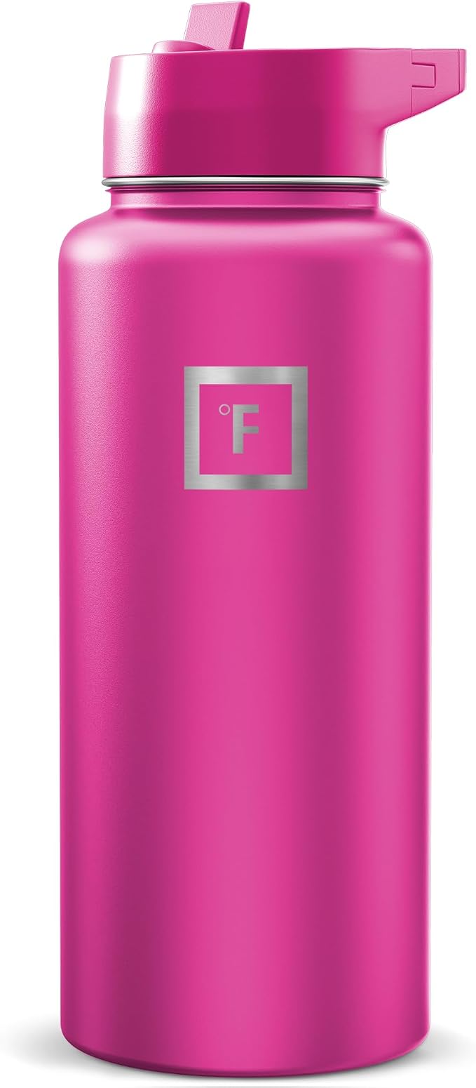 IRON °FLASK 32 oz Wide Mouth Water Bottle with Straw | Insulated Stainless Steel Sports Water Bottle with Leakproof Straw Lid - BPA Free, Cold 24 Hrs, Sweat Free (Pink Tulip)