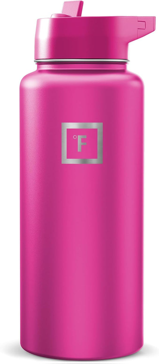 IRON °FLASK 32 oz Wide Mouth Water Bottle with Straw | Insulated Stainless Steel Sports Water Bottle with Leakproof Straw Lid - BPA Free, Cold 24 Hrs, Sweat Free (Pink Tulip)