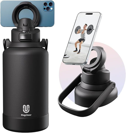 64oz Insulated Magnetic Water Bottle - Stainless Steel Vacuum Flask with MagSafe Compatible Phone Holder Keeps Drinks Cold for 24 Hours Water Jug for Gym and Outdoor Activities（Balck)