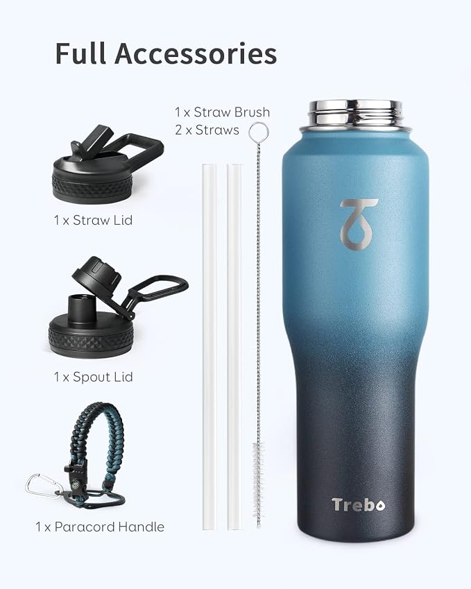 Trebo 32 oz Water Bottle Insulated Fits in Any Car Cup Holder with 2 Lids | Stainless Steel T-shape Tumbler with Paracord Handle, Triple Wall Vacuum Copper Plated, Cold 48 Hrs for Travel, Leakproof