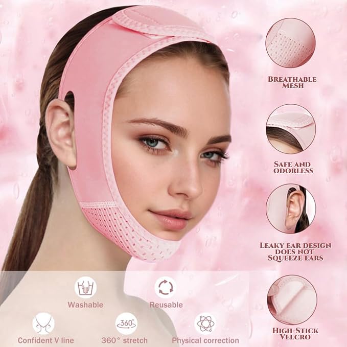 ROWMATE V Line Lifting Mask Chin strap for sleeping, V Line Lifting Mask for Women,Jaw Exerciser，Medium,Pink