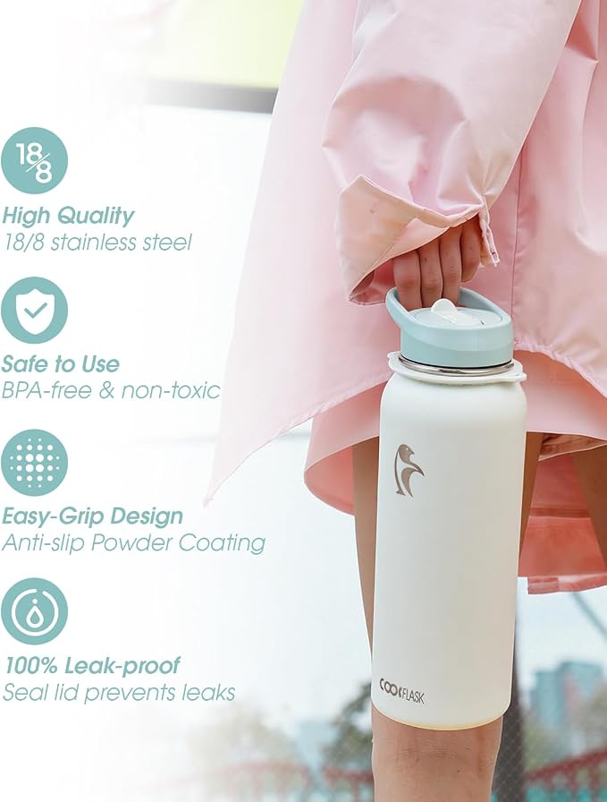 Coolflask 40 oz Water Bottle Insulated Stainless Steel with Strap | Metal Water Flask with Straw & Spout Lids, Triple-Wall, Cold 48+h, Dishwasher Safe, Leakproof, BPA-Free, for Gym & Hiking