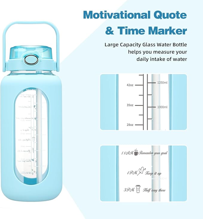 42 oz Glass Water Bottle with 2-in-1 Straw Lid Large Half Gallon Water Bottle with Time Marker & Removable Silicone Sleeve,Wide Mouth BPA-Free Borosilicate Bottle for Gym, Workout & Daily Use