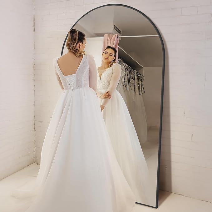 MirrMuse Oversized Arched Full Length Mirror with Stand, 82"X44", Black | Tempered Glass, Free Standing, for Bedroom Living Room Clothing Store Gym, Aluminum Alloy Frame, Hanging or Leaning